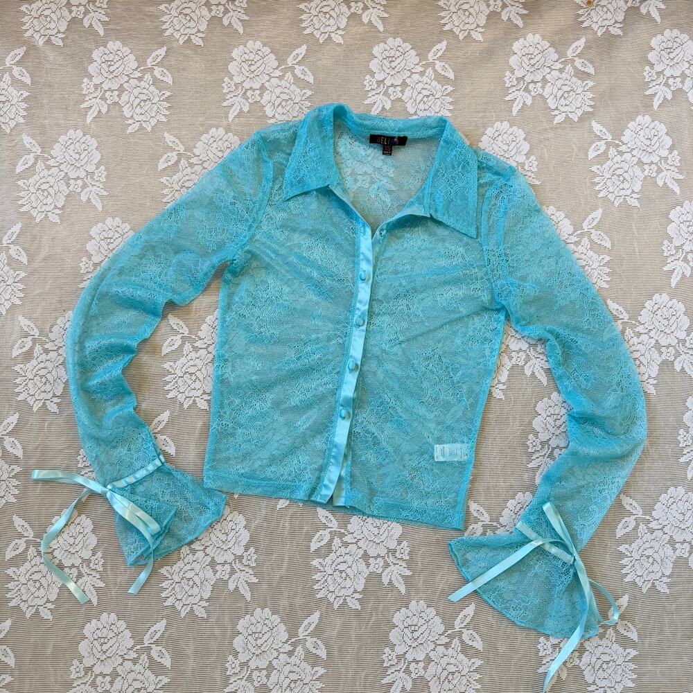 Delia’s Y2K Aqua Lace Bell Sleeve Top Size XS